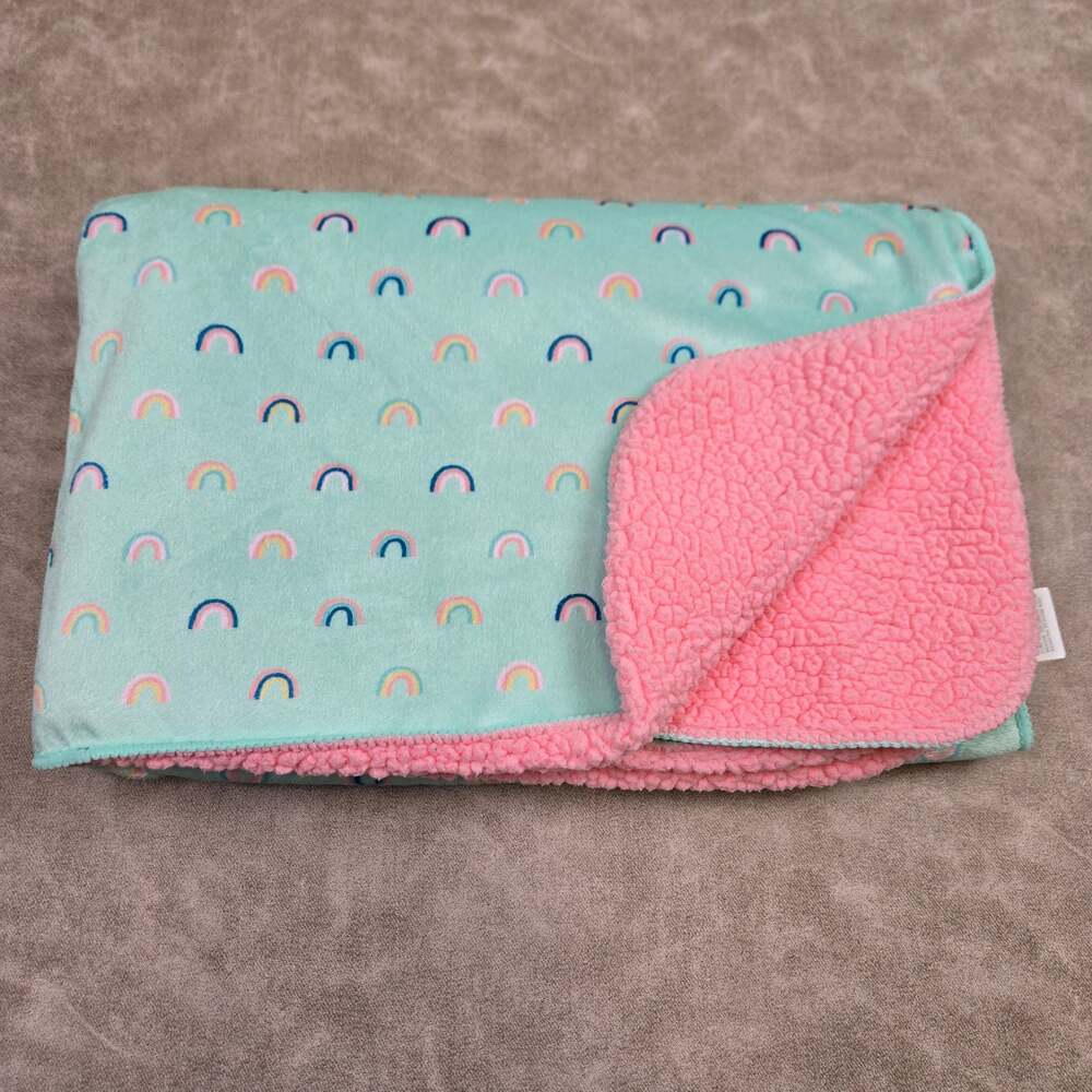 Cloud Island Baby Blanket Reversible Mint Green Rainbow Plush to Pink Sherpa